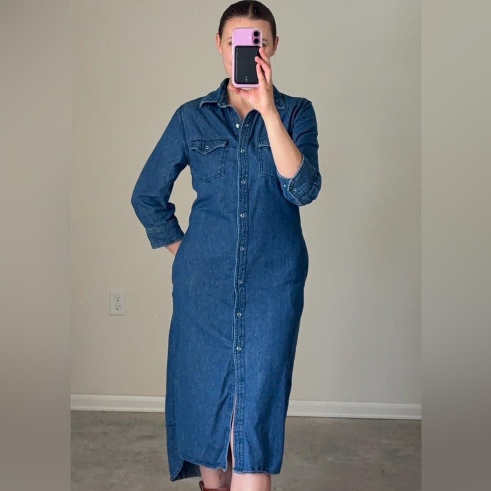 FP x Capulet Denim Midi Dress 3/4 Sleeve Snap Button Down Women’s XS